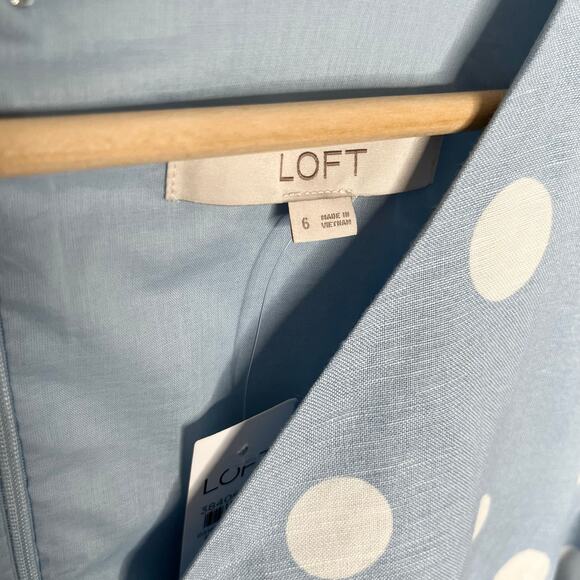 Loft Short Sleeve Linen Blend Mini Dress 6 Blue White Polka Dot 2025 Style - Picture 7 of 12